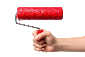 Hand holding a red paint roller on a black backdrop, ready for decorating and home improvement projects, silhouette, transparent background