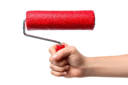 Hand holding a red paint roller on a black backdrop, ready for decorating and home improvement projects, silhouette, transparent background - Powered by Adobe
