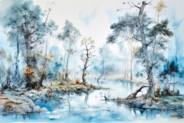Watercolor landscape illustration depicting a quiet forest lake surrounded by tall trees. 