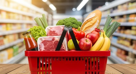 A red shopping basket is filled with groceries including meat, fruit, vegetables, and bread, set against a blurred background of supermarket shelves.