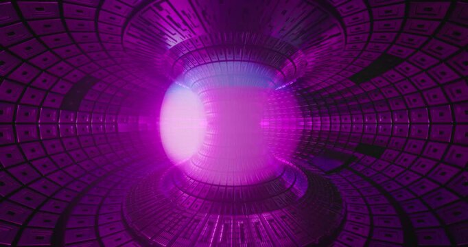 Tokamak fusion reactor with glowing plasma sphere, animation footage loop