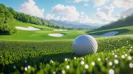 Golf ball on lush green course with sand bunkers under sunny sky