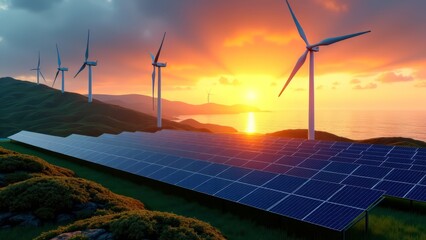 Renewable energy microgrid with sunset coastal landscape