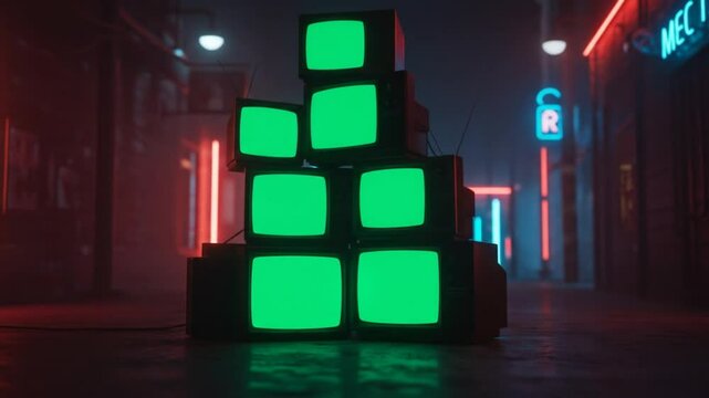 Cyberpunk Television Stack: A striking neon-lit cityscape scene, where a stack of vintage televisions, their screens emitting a vivid green glow, commands attention amidst a dark.