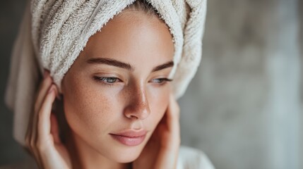 Serene Beauty Ritual: A young woman with radiant skin, her hair wrapped in a soft towel, embodies tranquility and self-care. The shot highlights the beauty of natural elegance. 