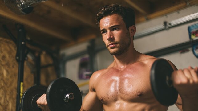 Strength in Motion: A muscular individual intensely focuses on weightlifting, showcasing the raw power and determination of physical fitness. A true testament to human capability and self-discipline.