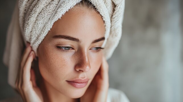 Serene Beauty Ritual: A young woman with radiant skin, her hair wrapped in a soft towel, embodies tranquility and self-care. The shot highlights the beauty of natural elegance. 