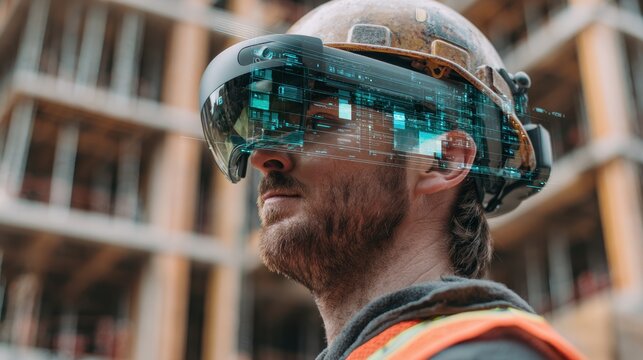 Construction worker with AR device : A construction worker wearing augmented reality glasses on the construction site. The glasses display design information and construction progress.