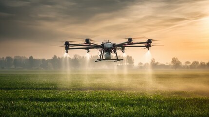 Fototapeta premium Drone in agricultural field: A high-angle shot captures a drone applying crop protection products over a field, illustrating the precision agriculture and technology.
