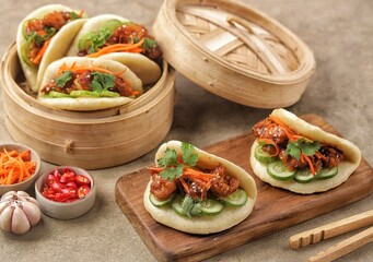 Korean Pao.Bao buns with chicken crispy and vegetable. Asian cuisine