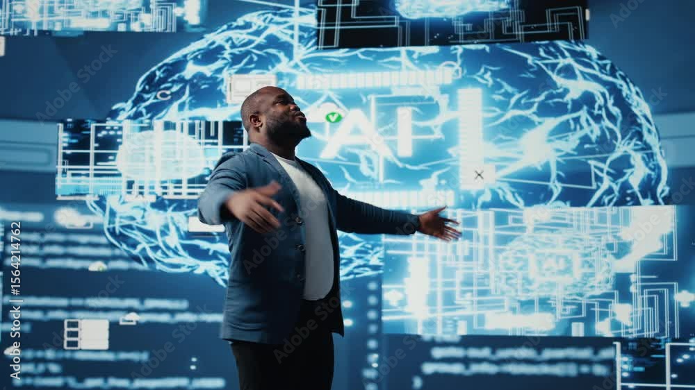 Poster african american guy reviews smart tech ai systems to interact with cybernetic platforms and ai inte