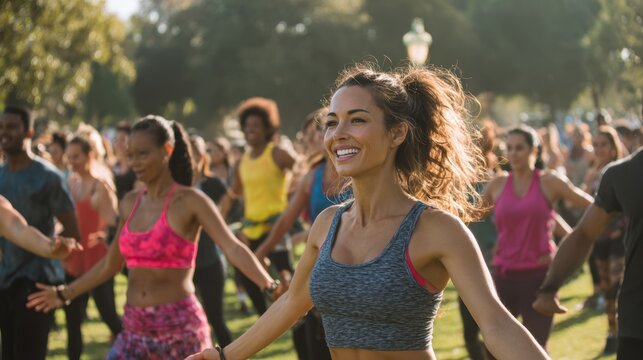 Joyful Fitness Class in Park: A woman smiles radiantly, participating in an outdoor fitness class with a diverse group of people. The scene captures the energy, enthusiasm.
