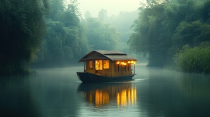 Obraz premium Wooden houseboat on a misty river, surrounded by lush greenery.