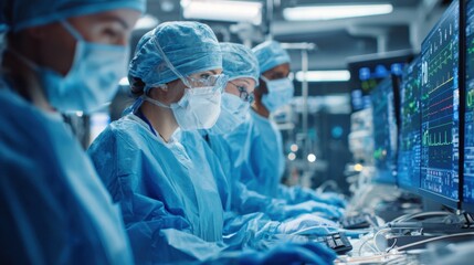 Surgical Precision: A team of dedicated surgeons, donned in surgical attire, intently analyzes vital patient data on computer screens in a sterile operating room setting.