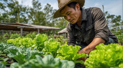 Farmer Harvesting Fresh Lettuce: A diligent farmer, adorned in a straw hat, meticulously harvests crisp, vibrant lettuce in a sun-kissed garden, embodying the essence of agricultural dedication.