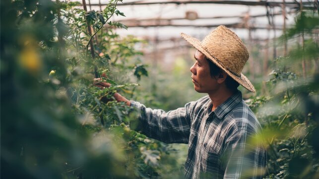 Cultivating Expertise: An agriculturalist in a straw hat thoughtfully examines a lush plant, deeply engrossed in the intricacies of cultivation, framed amidst an abundant greenhouse.