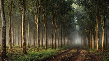 Naklejka premium Misty Rubber Plantation Path: A tranquil dirt road winds through a dense rubber plantation, the morning mist creating an ethereal atmosphere. Sunlight filters through the trees.