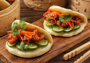 Korean Pao.Bao buns with chicken crispy and vegetable. Asian cuisine