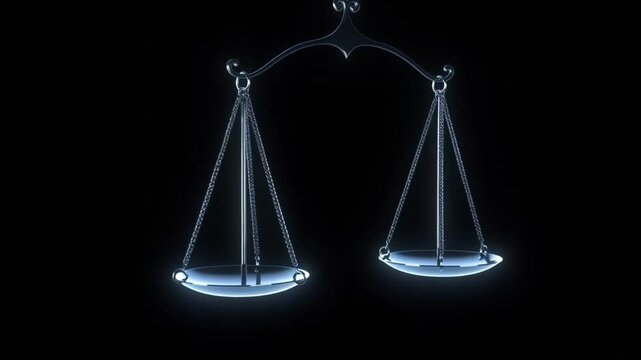 Symbol of Justice: A single glowing scale plate rotates in darkness, embodying the concepts of balance, law, and impartial judgment.