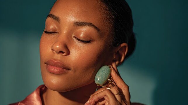 Serene Skincare Ritual: A person of color experiences a moment of blissful self-care, delicately using a jade roller to soothe and rejuvenate their skin in soft, natural light.