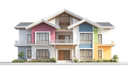 Colorful multi-level house facade with various pastel shades, light-colored trim, and a modern design