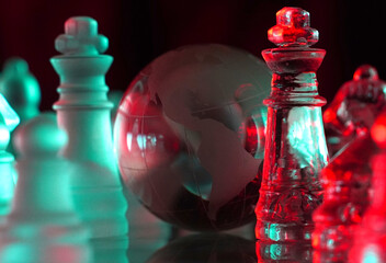 Crystal planet Earth amidst chess pieces showing the American continent, representing concepts of geopolitics, global power, competition for control, international relations, world leaders, struggle f