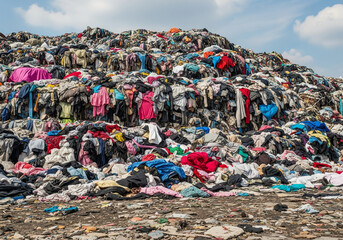A colorful mountain of discarded clothing from the fast-fashion industry.