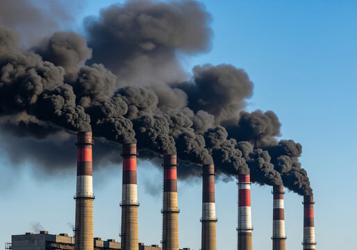 Industrial smokestacks belching black smoke, polluting a clear sky.