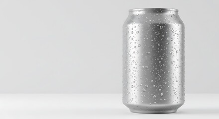 A realistic 3D mockup of a blank aluminum beverage can covered in cold condensation droplets. (AI Generated)