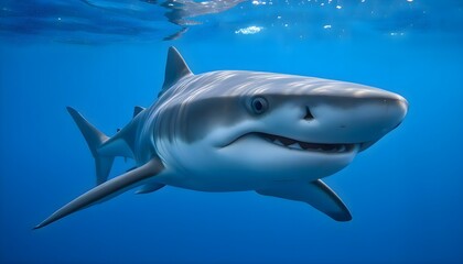 Fototapeta premium Shark gliding through clear ocean water with its dorsal fin above the surface, representing strength and grace in the wild