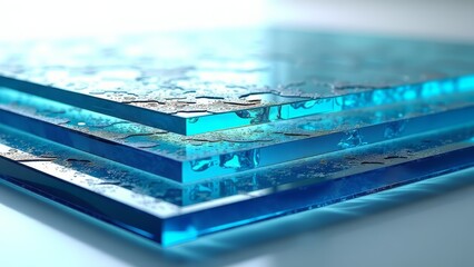 Layered blue acrylic sheets with textured surfaces