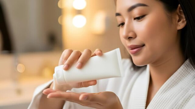 Asian Woman in White Robe Applying Skincare Cream in Bright Bathroom with Soft Lighting for Beauty and Wellness Routine Adobe Stock Photo
