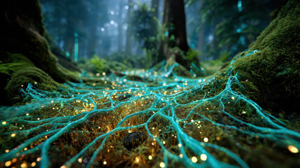 原生林地底で光る菌糸の交差 / Luminous Mycelial Crossroads Beneath Primeval Forest