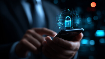 Businessman Using Smartphone Protected by Floating Digital Lock Icons for Mobile Security
