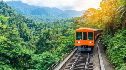 Colorful train traveling through lush green landscape.