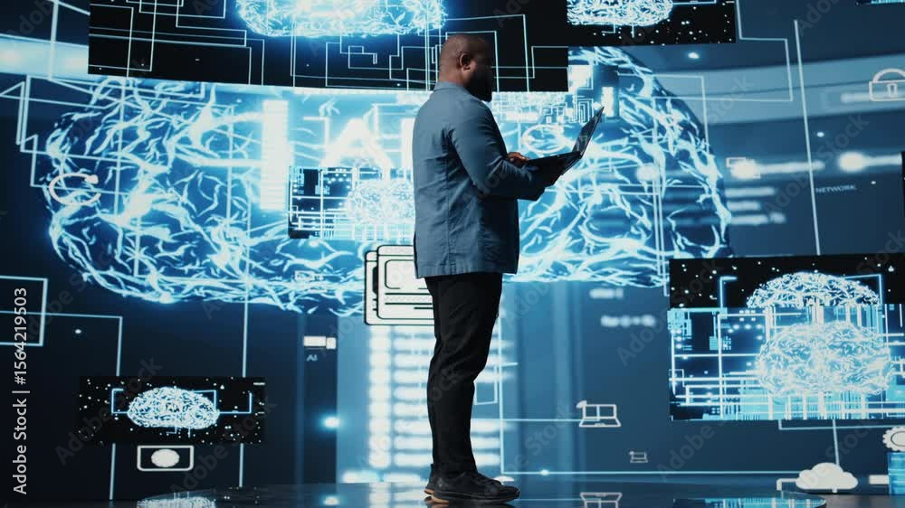 Poster african american tech expert works with ai ethics and neural networks, virtual intelligence brain to