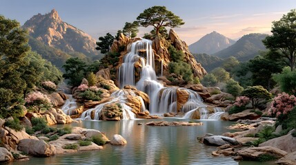 Beautiful landscape waterfall in peaceful forest high resolution photo