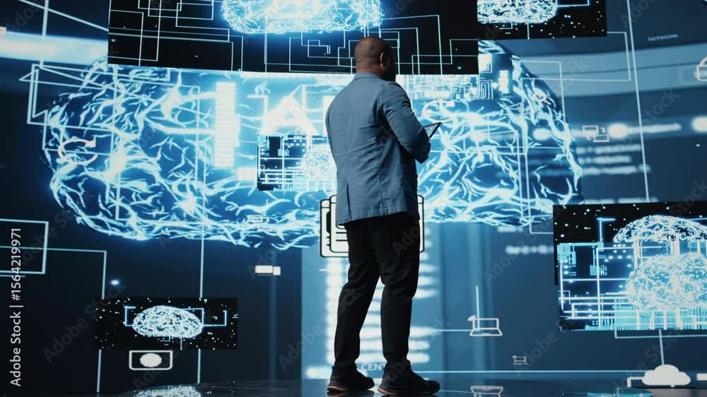 Poster african american it specialist ensuring futuristic ai brain in the background, machine learning thro