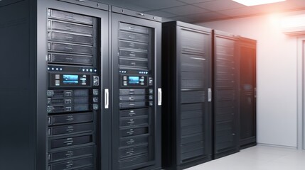 Modern Black Server Racks in Bright Data Center Room