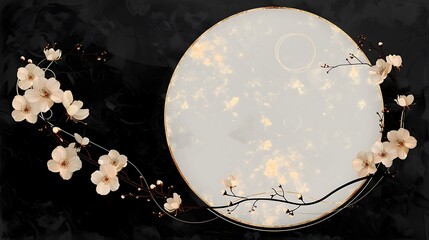 Black floral circle with branches moonlight and birds high resolution image