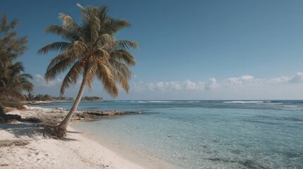 Obraz premium Tropical beach scene with a palm tree, ocean, and clear blue sky for vacation