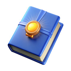A stylized illustration of a blue book with a golden button and ribbon on black background