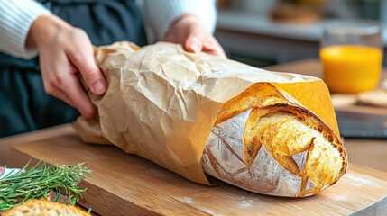 Hand holding freshly baked bread in wrapping.