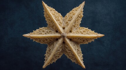 Intricate detail of a star-shaped botanical specimen on a dark blue background