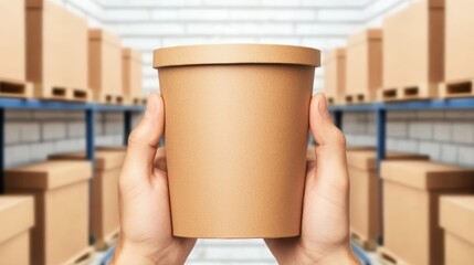 Hand holding a brown packaging container.