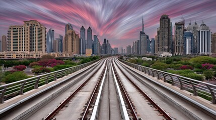 Fototapeta premium Dubai Skyline From Train Track at Sunset