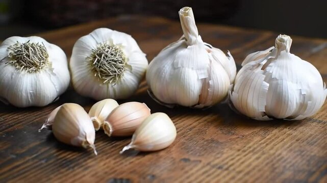 Heads of garlic side by side on a wooden table with unpeeled cloves  