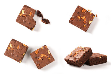Set of chocolate brownie isolated on white background.