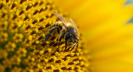 close up of a sunflower with a bee on it