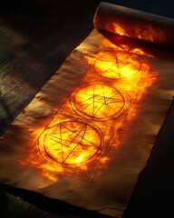 Backlit ancient manuscript geometric shapes Introduction to Early Mathematics conceptual historical photography warm glow and shadowed scroll 50mm prime lens